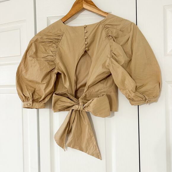 Do + Be Puff Sleeve Bow Back Poplin Top Beige Neutral Blouse Size Small EUC - Picture 5 of 7